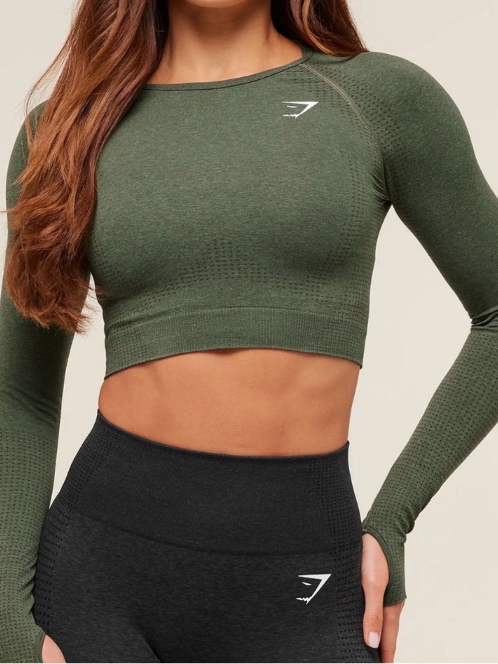 Gymshark Olive Green Vital Seamless 2.0 Long Sleeve Crop Top Size XS